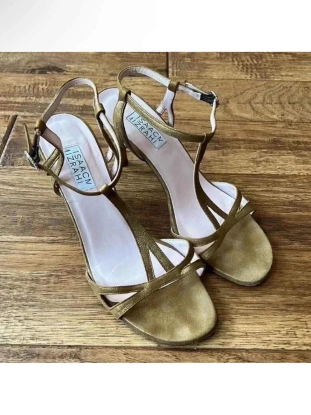 Isaac Mizrahi Gold Metallic Strappy Open Toe Heels Rhinestone Buckle Accent Sz 8